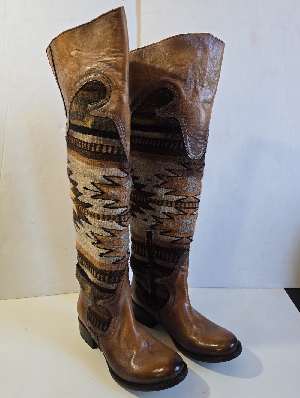 Freebird By Steven Sun Brown Leather and Aztec-Pattern Tall Boots Size 8